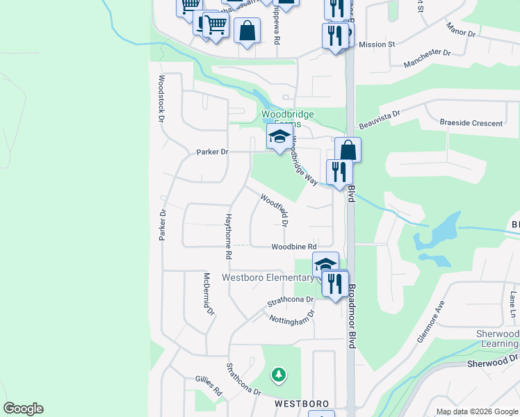 map of restaurants, bars, coffee shops, grocery stores, and more near 29 Woodfield Drive in Sherwood Park