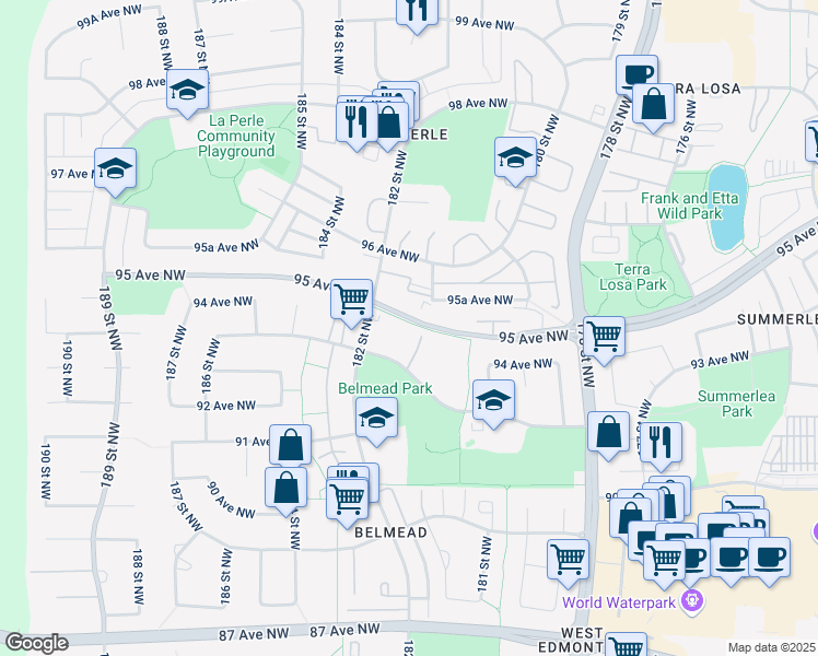 map of restaurants, bars, coffee shops, grocery stores, and more near 18170 95 Avenue Northwest in Edmonton