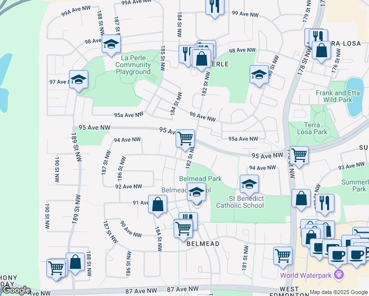 map of restaurants, bars, coffee shops, grocery stores, and more near 18308 93 Avenue Northwest in Edmonton