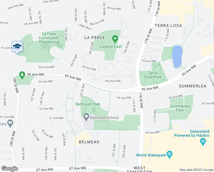 map of restaurants, bars, coffee shops, grocery stores, and more near 18020 95 Avenue Northwest in Edmonton
