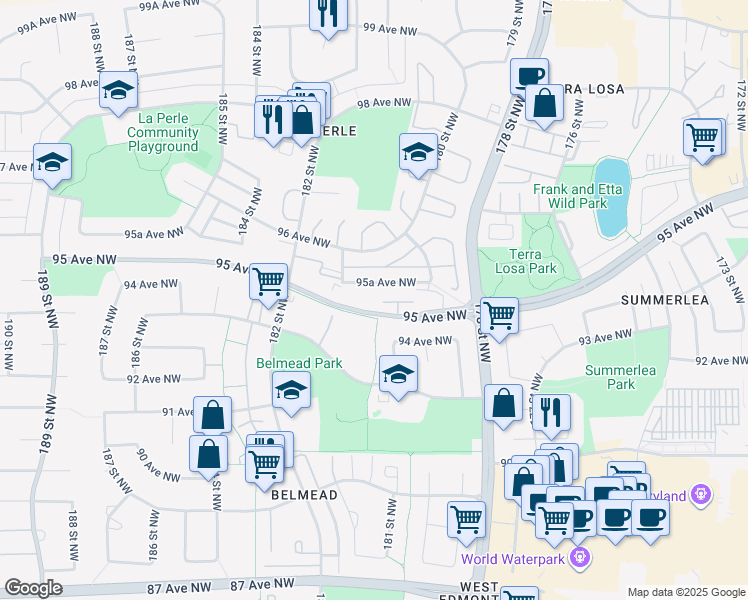 map of restaurants, bars, coffee shops, grocery stores, and more near 18020 95 Avenue Northwest in Edmonton