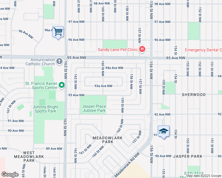 map of restaurants, bars, coffee shops, grocery stores, and more near 15925 93A Avenue Northwest in Edmonton