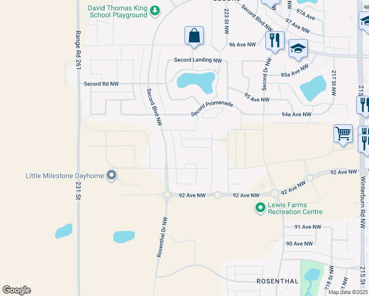 map of restaurants, bars, coffee shops, grocery stores, and more near 22381 93A Avenue Northwest in Edmonton