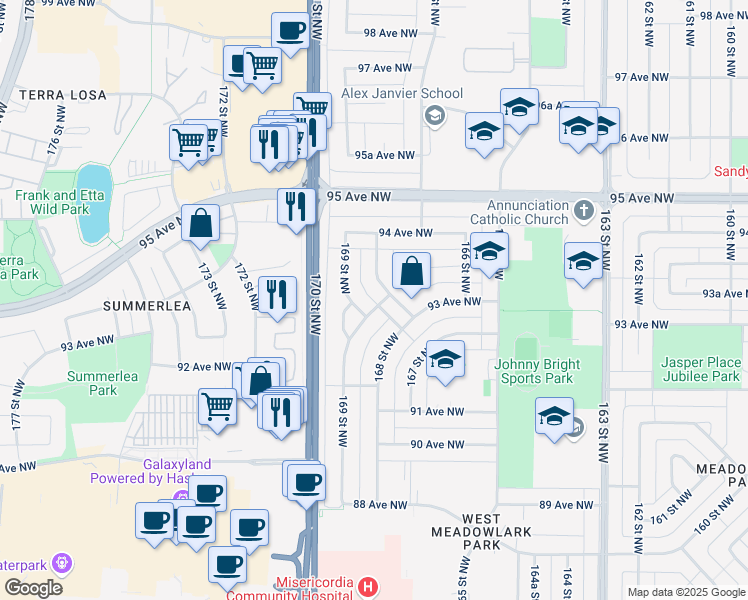 map of restaurants, bars, coffee shops, grocery stores, and more near 22370 93A Avenue Northwest in Edmonton
