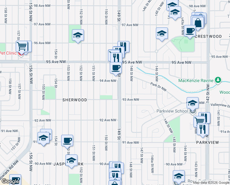 map of restaurants, bars, coffee shops, grocery stores, and more near 9320 149 Street Northwest in Edmonton