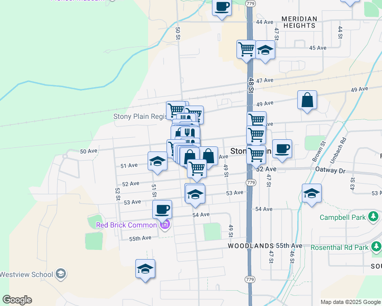 map of restaurants, bars, coffee shops, grocery stores, and more near in Stony Plain