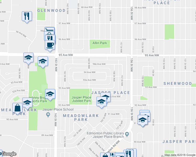 map of restaurants, bars, coffee shops, grocery stores, and more near 15925 93A Avenue Northwest in Edmonton