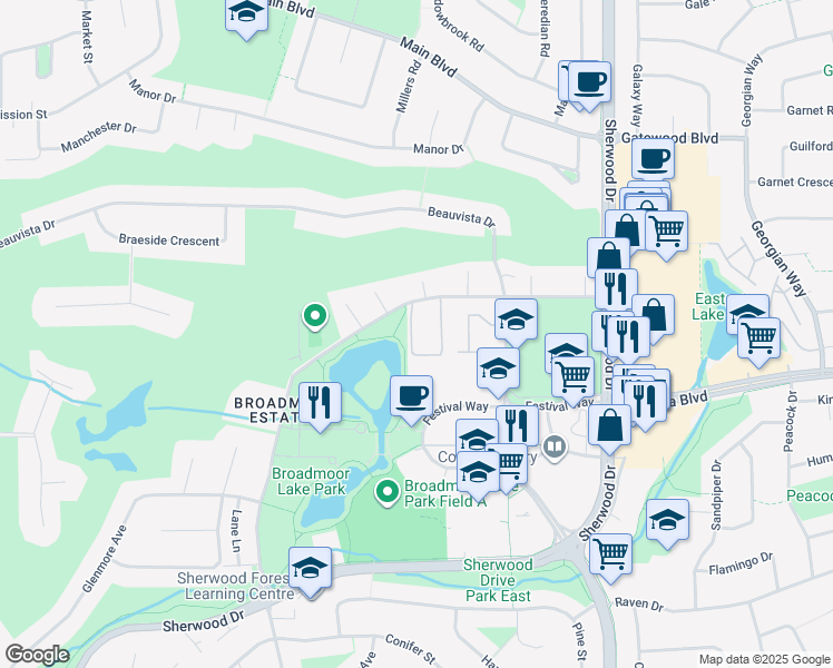 map of restaurants, bars, coffee shops, grocery stores, and more near 2131 Oak Street in Sherwood Park