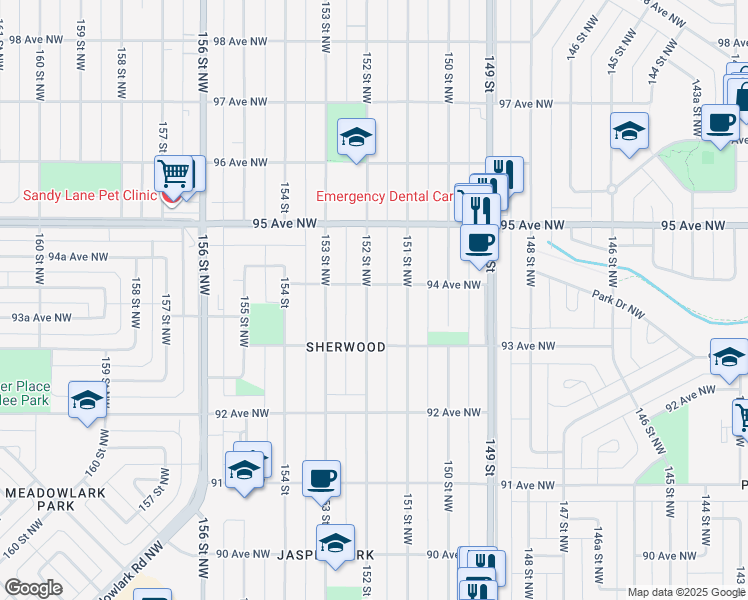 map of restaurants, bars, coffee shops, grocery stores, and more near 9315 152 Street Northwest in Edmonton