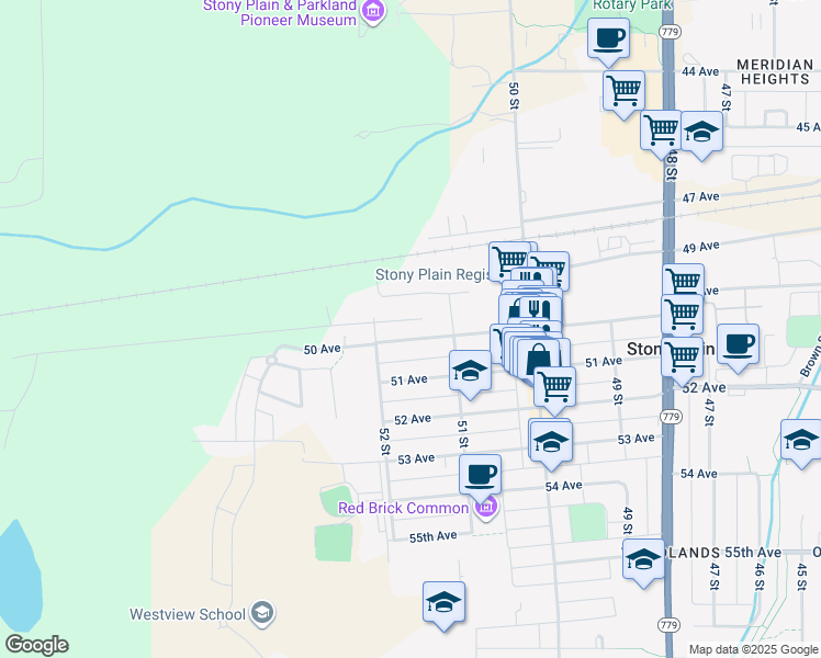 map of restaurants, bars, coffee shops, grocery stores, and more near 5114 50 Avenue in Stony Plain