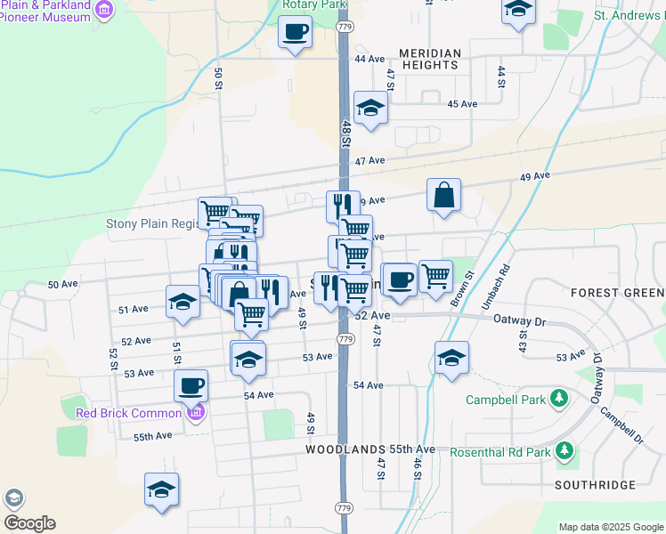 map of restaurants, bars, coffee shops, grocery stores, and more near 4807 51 Avenue in Stony Plain