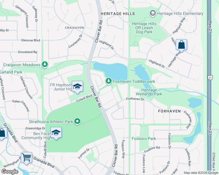 map of restaurants, bars, coffee shops, grocery stores, and more near 160 Foxhaven Court in Sherwood Park
