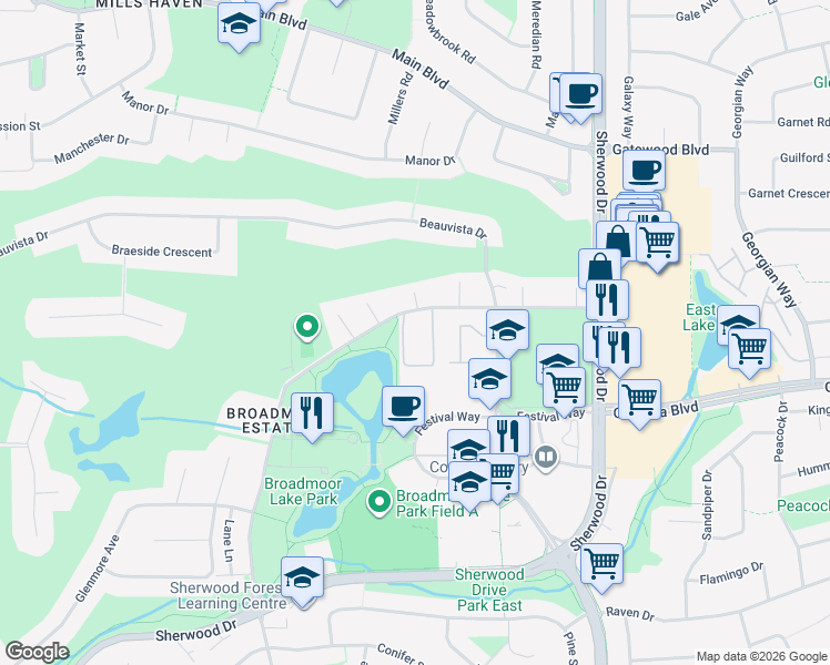 map of restaurants, bars, coffee shops, grocery stores, and more near 108 Oak Street in Sherwood Park