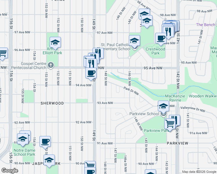 map of restaurants, bars, coffee shops, grocery stores, and more near in Edmonton