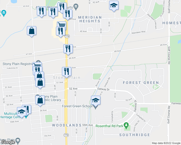 map of restaurants, bars, coffee shops, grocery stores, and more near 39 Brown Street in Stony Plain