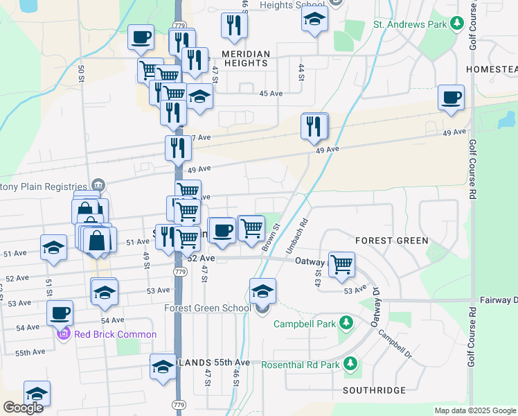 map of restaurants, bars, coffee shops, grocery stores, and more near 57 Brown Street in Stony Plain