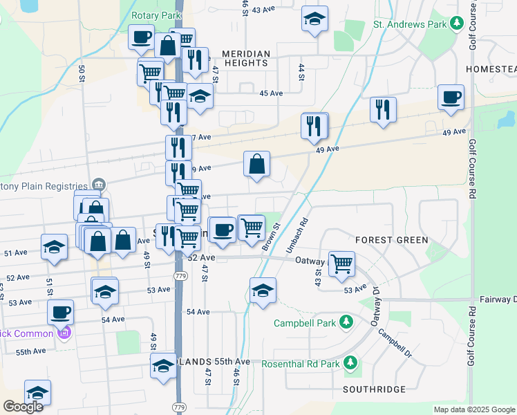 map of restaurants, bars, coffee shops, grocery stores, and more near 51 Brown Street in Stony Plain