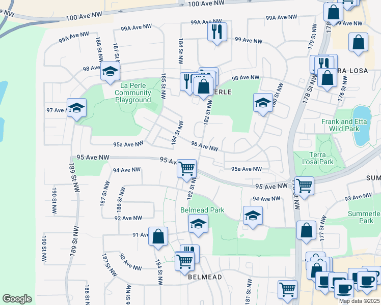 map of restaurants, bars, coffee shops, grocery stores, and more near in Edmonton