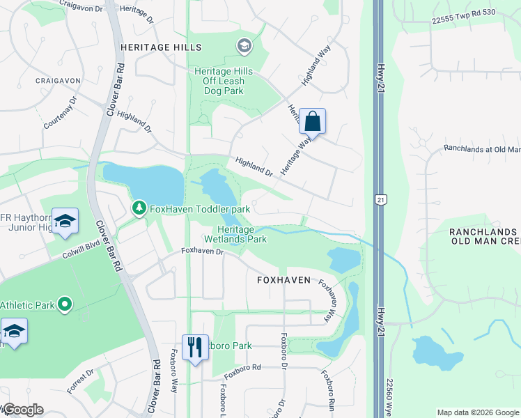 map of restaurants, bars, coffee shops, grocery stores, and more near 64 Hawkstone Landing in Sherwood Park