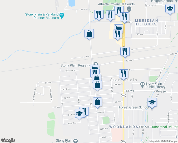 map of restaurants, bars, coffee shops, grocery stores, and more near 4904 50 Street in Stony Plain