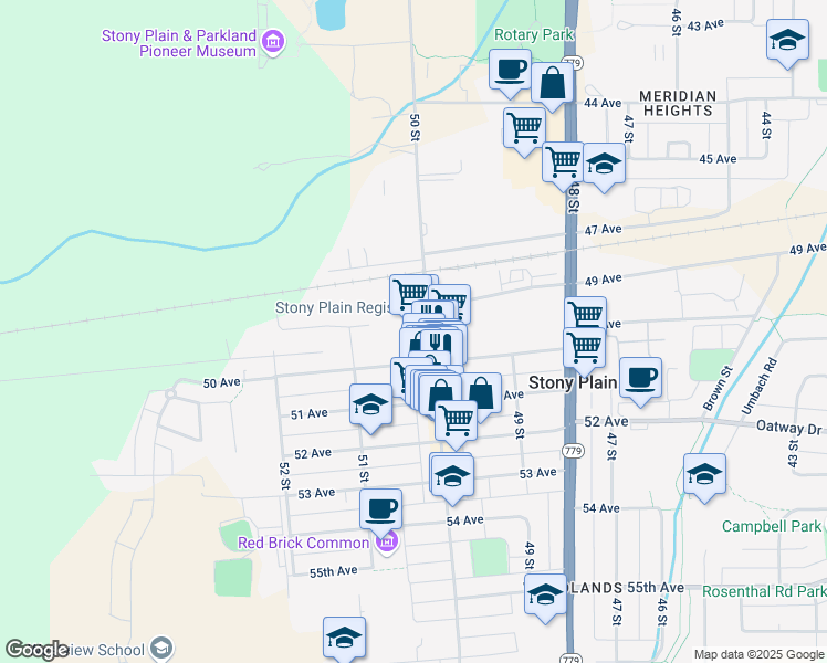 map of restaurants, bars, coffee shops, grocery stores, and more near 4910 50 Street in Stony Plain