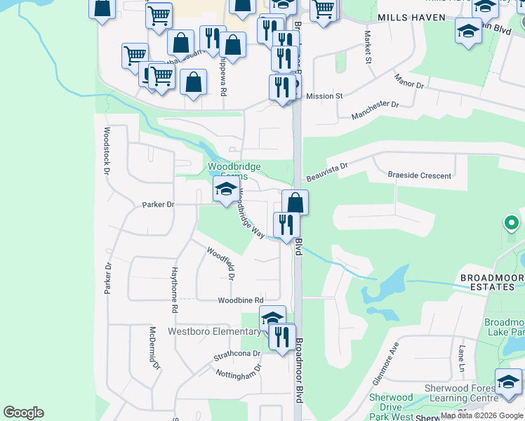 map of restaurants, bars, coffee shops, grocery stores, and more near 367 Woodbridge Way in Sherwood Park