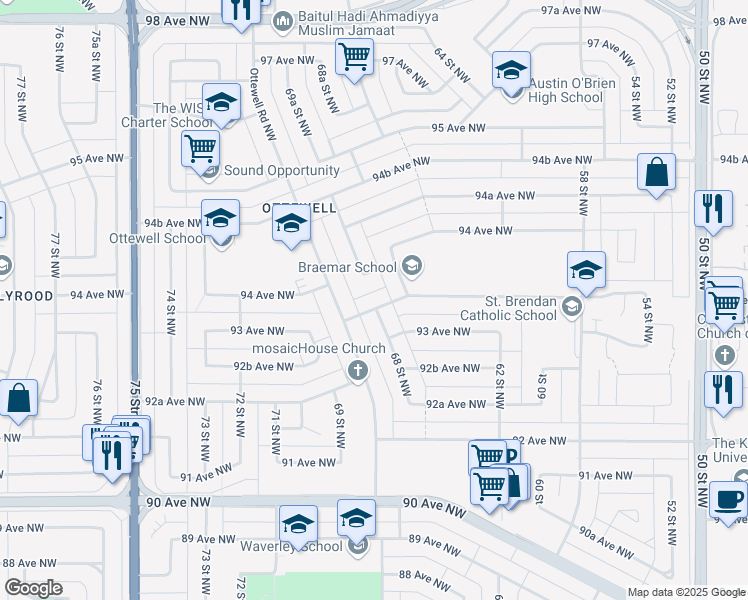 map of restaurants, bars, coffee shops, grocery stores, and more near 6728 93A Avenue Northwest in Edmonton