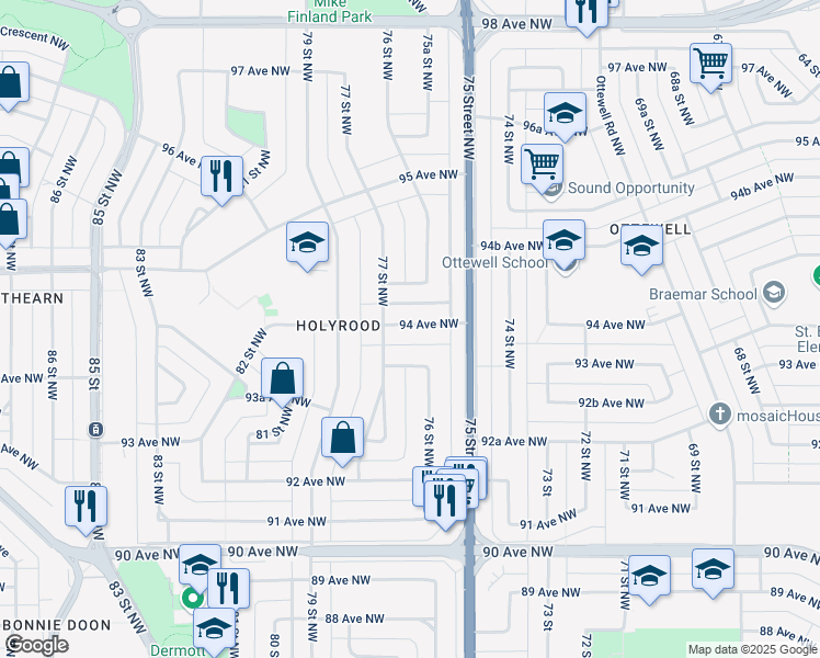map of restaurants, bars, coffee shops, grocery stores, and more near 7521 94 Avenue Northwest in Edmonton