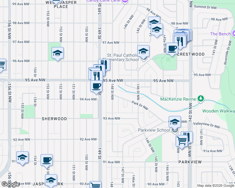 map of restaurants, bars, coffee shops, grocery stores, and more near 14720 Park Drive Northwest in Edmonton