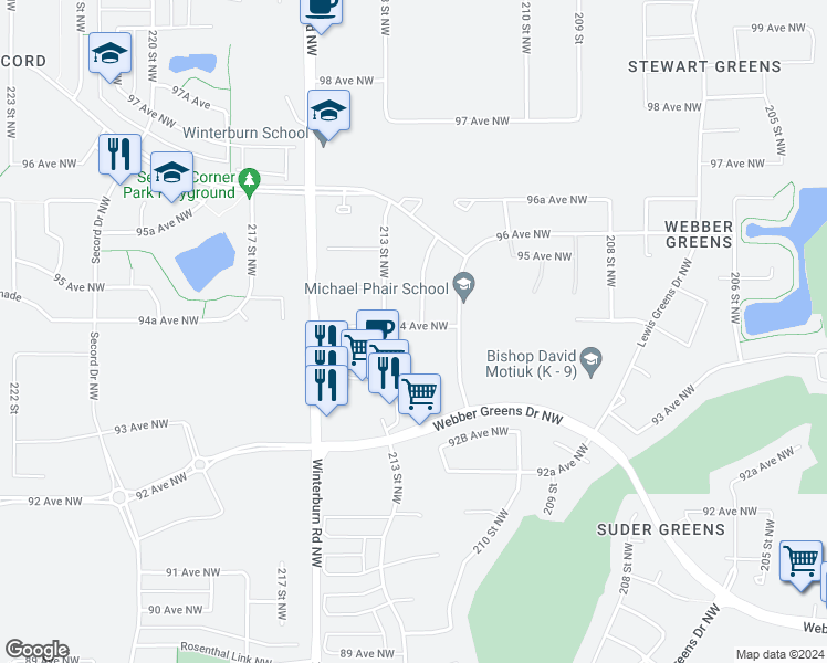 map of restaurants, bars, coffee shops, grocery stores, and more near 21207 94 Avenue Northwest in Edmonton