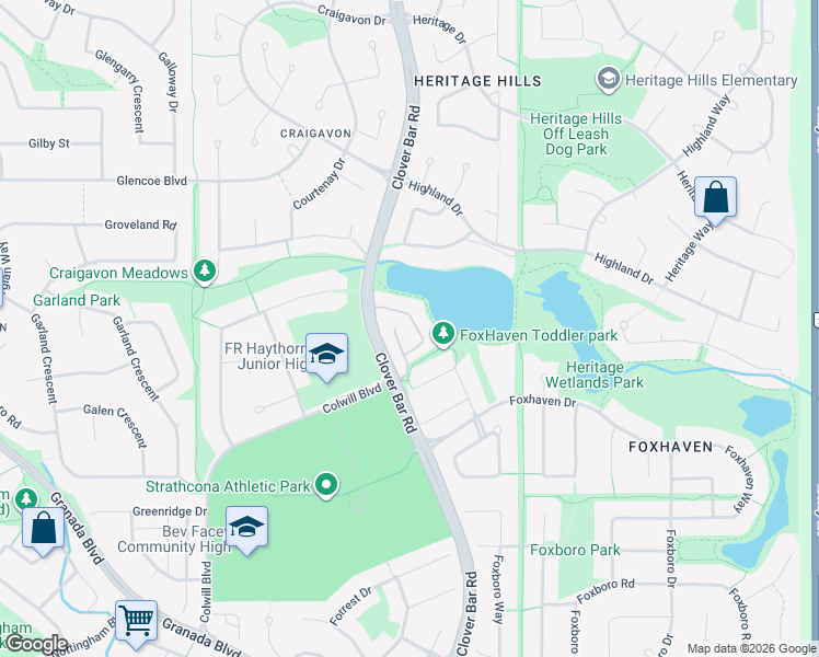 map of restaurants, bars, coffee shops, grocery stores, and more near 160 Foxhaven Court in Sherwood Park