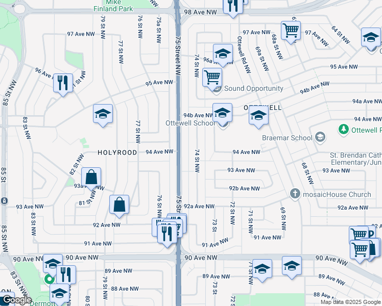 map of restaurants, bars, coffee shops, grocery stores, and more near 9324 74 Street Northwest in Edmonton