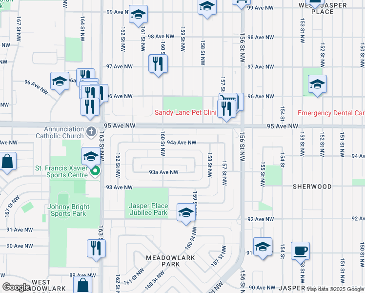 map of restaurants, bars, coffee shops, grocery stores, and more near 15833 94A Avenue Northwest in Edmonton