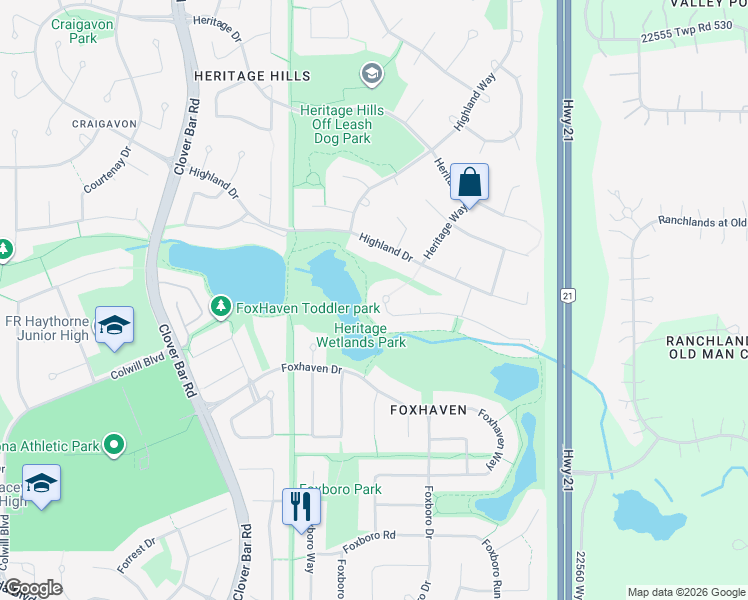 map of restaurants, bars, coffee shops, grocery stores, and more near 64 Hawkstone Landing in Sherwood Park