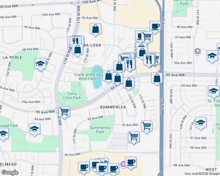 map of restaurants, bars, coffee shops, grocery stores, and more near 17432 95 Avenue Northwest in Edmonton