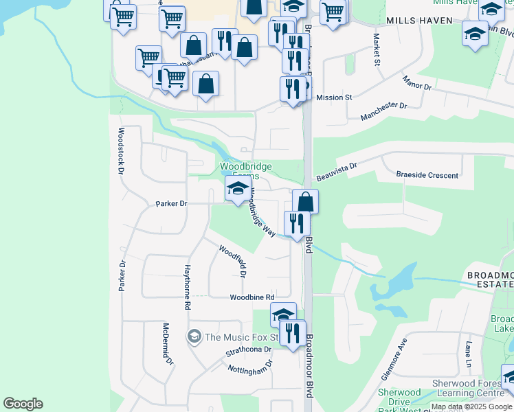 map of restaurants, bars, coffee shops, grocery stores, and more near 356 Woodbridge Way in Sherwood Park