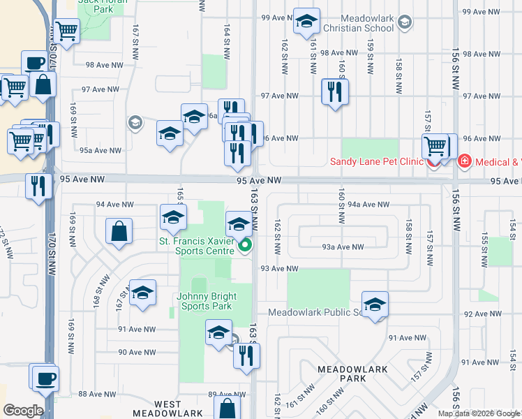 map of restaurants, bars, coffee shops, grocery stores, and more near 9413 163 Street Northwest in Edmonton