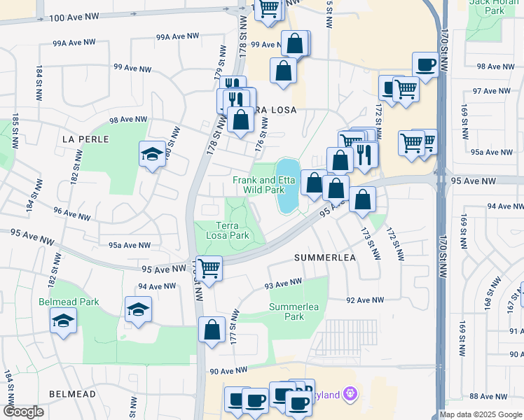 map of restaurants, bars, coffee shops, grocery stores, and more near 115-9535 176 Street Northwest in Edmonton