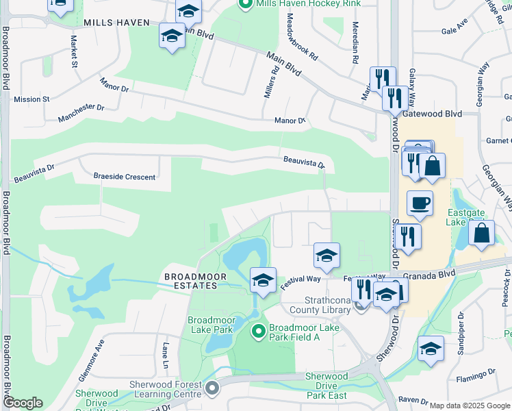 map of restaurants, bars, coffee shops, grocery stores, and more near 130 Great Oaks in Sherwood Park