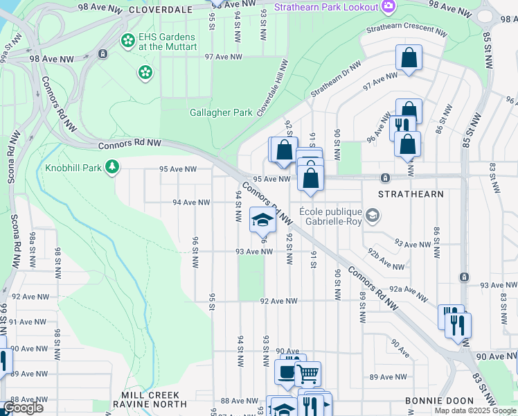map of restaurants, bars, coffee shops, grocery stores, and more near 9311 Connors Road Northwest in Edmonton