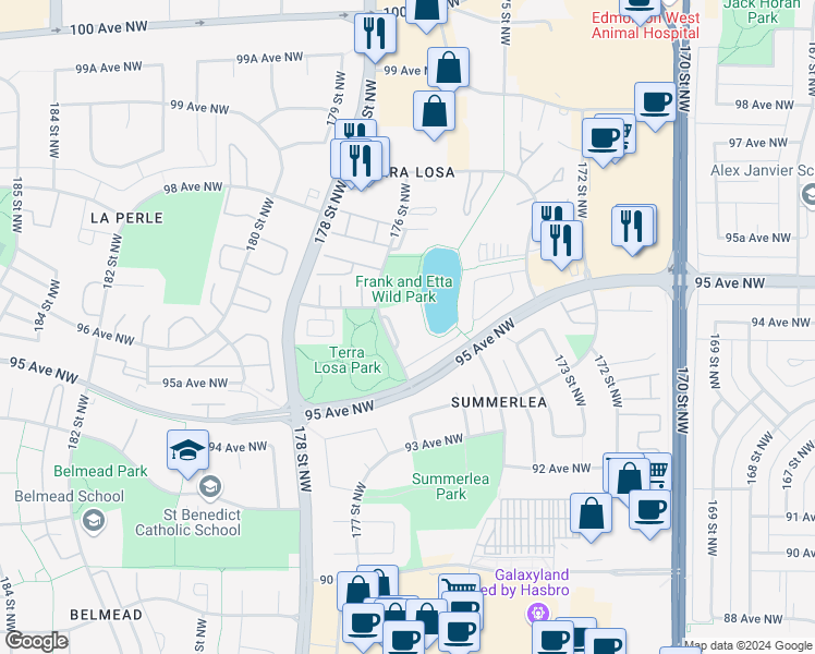 map of restaurants, bars, coffee shops, grocery stores, and more near 115-9535 176 Street Northwest in Edmonton