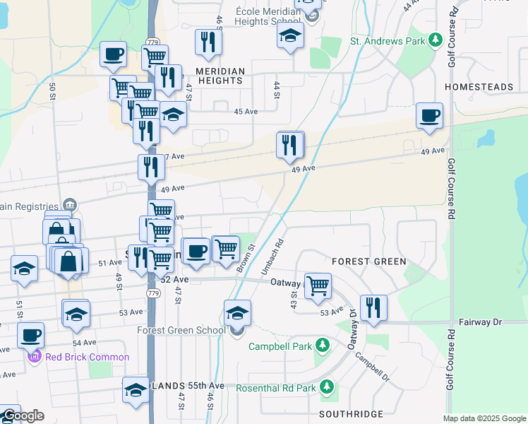 map of restaurants, bars, coffee shops, grocery stores, and more near 4501 50 Avenue in Stony Plain