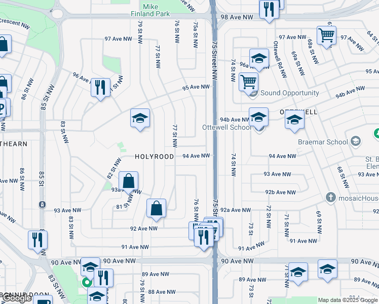map of restaurants, bars, coffee shops, grocery stores, and more near 7521 94 Avenue Northwest in Edmonton