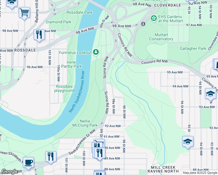 map of restaurants, bars, coffee shops, grocery stores, and more near 9390 Scona Road Northwest in Edmonton