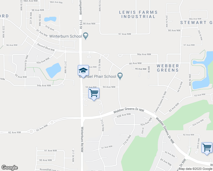 map of restaurants, bars, coffee shops, grocery stores, and more near 21207 94 Avenue Northwest in Edmonton