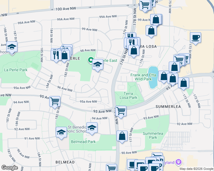 map of restaurants, bars, coffee shops, grocery stores, and more near 9581 180A Street Northwest in Edmonton