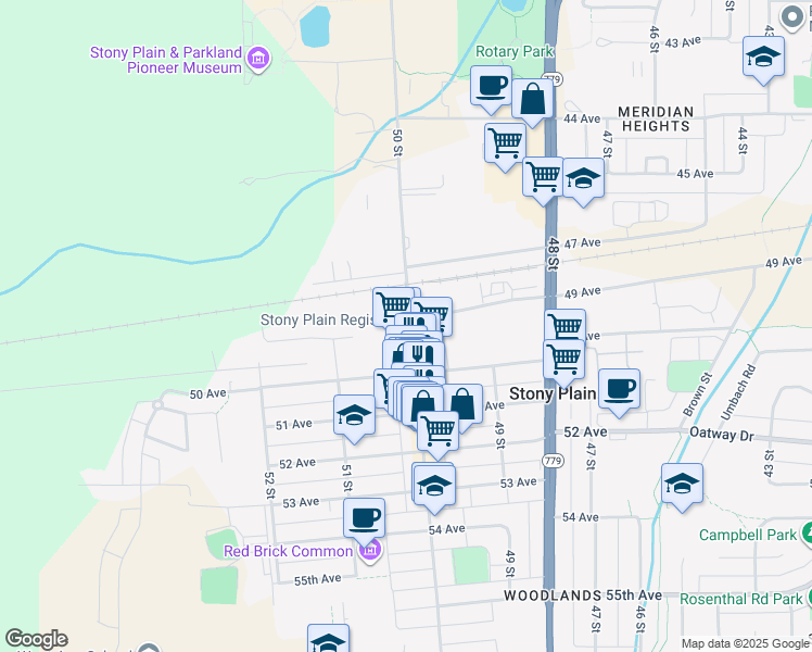 map of restaurants, bars, coffee shops, grocery stores, and more near 4904 50 Street in Stony Plain