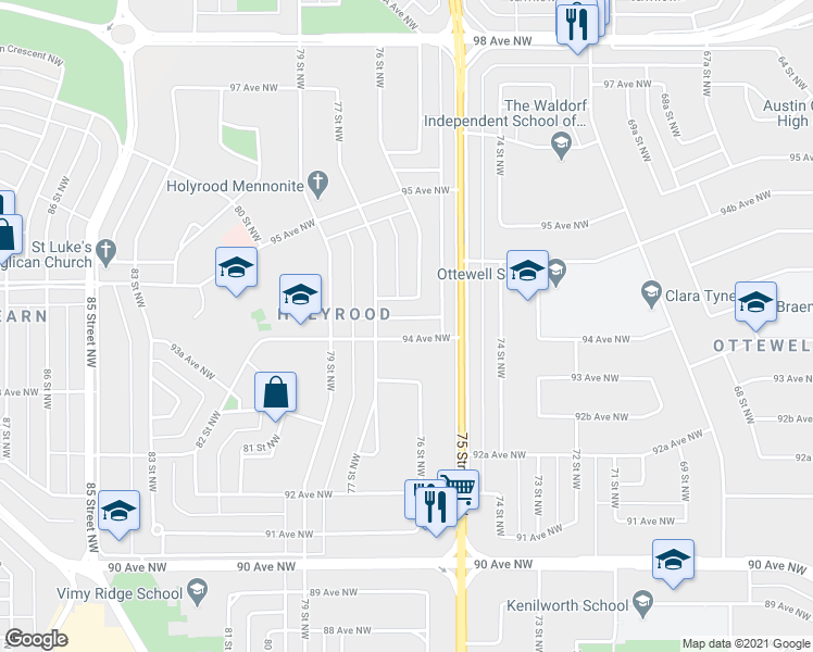 map of restaurants, bars, coffee shops, grocery stores, and more near 7521 94 Avenue Northwest in Edmonton