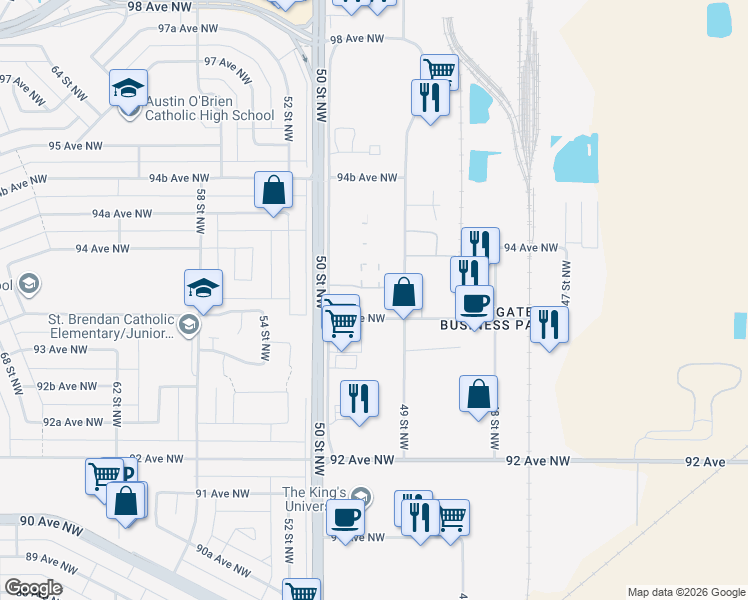 map of restaurants, bars, coffee shops, grocery stores, and more near 4960 93 Avenue Northwest in Edmonton