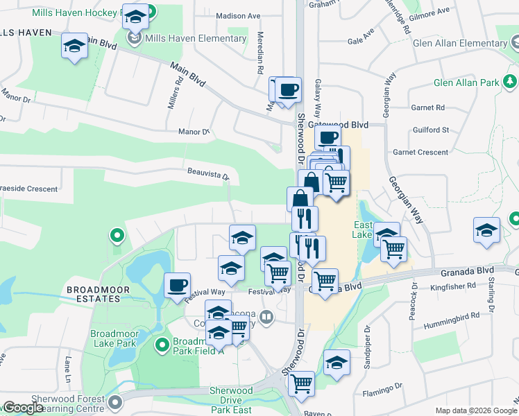 map of restaurants, bars, coffee shops, grocery stores, and more near 36 Great Oaks in Sherwood Park
